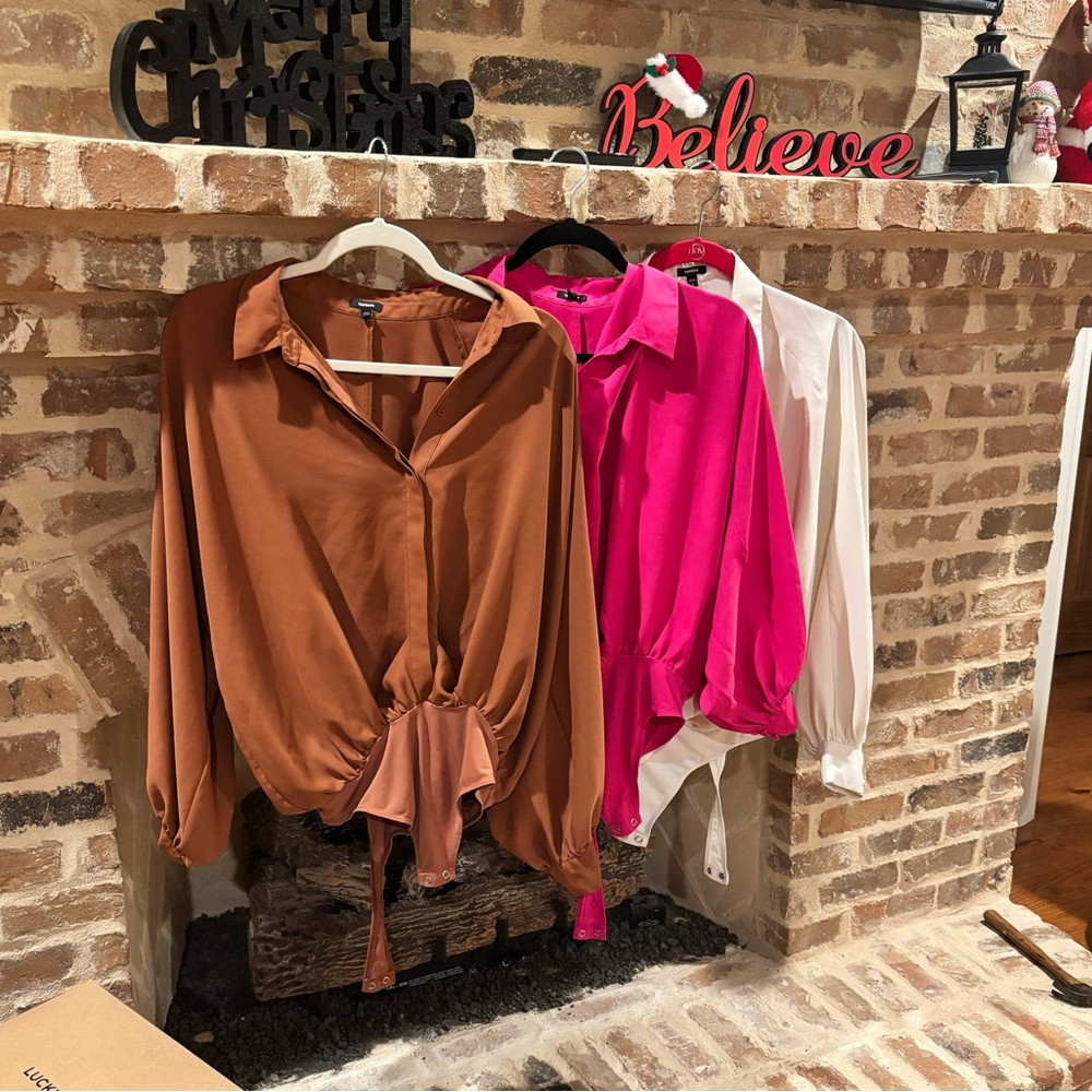 Express Brown and Pink Button Down Shirt with Tie Front and Notched Collar Lot 3